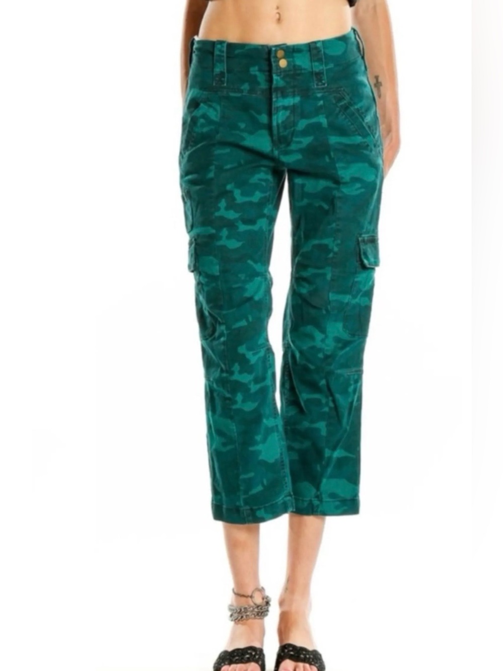 ANTHROPOLOGIE Women’s Teal Green Camo Cropped Utility Cargo Pants Size 28